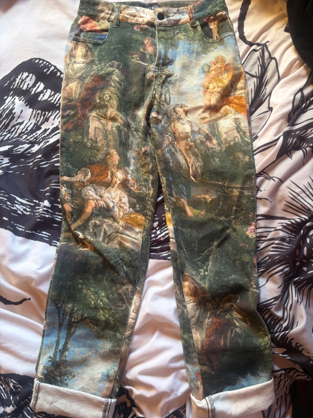 Current Mood Baroque Scenic Print Straight Leg Jeans in Green Multi